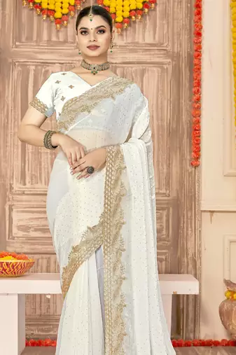 White sequin zari embroidered siroski stone work two tone silk saree sari