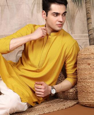 Mustard cotton chikankari kurta pajama for mens 2