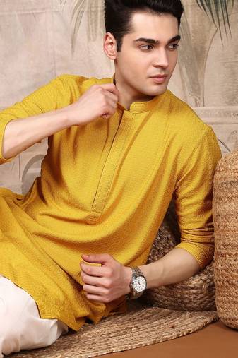 Mustard cotton chikankari kurta pajama for mens