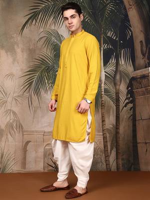 Mustard cotton chikankari kurta pajama for mens 1