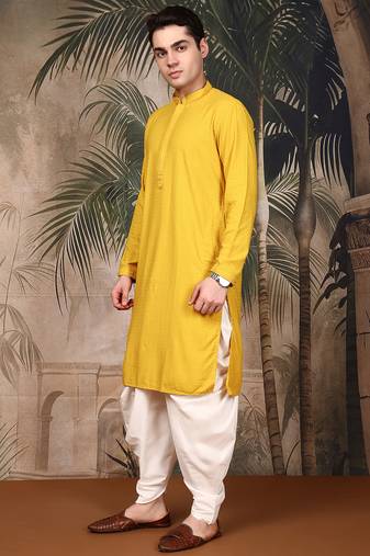 Mustard cotton chikankari kurta pajama for mens