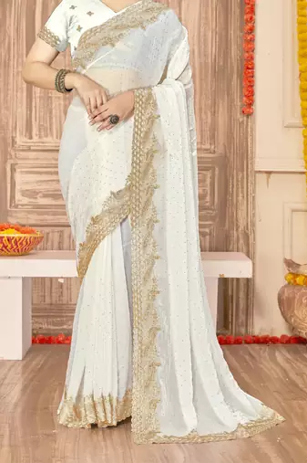 White sequin zari embroidered siroski stone work two tone silk saree sari