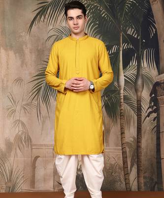 Mustard cotton chikankari kurta pajama for mens 3