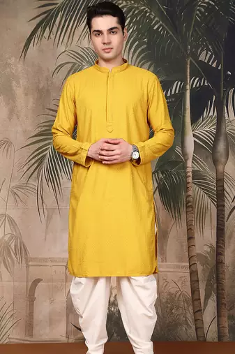 Mustard cotton chikankari kurta pajama for mens