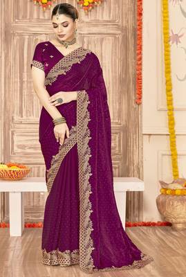 Wine sequin zari embroidered siroski stone work two tone silk saree sari 1