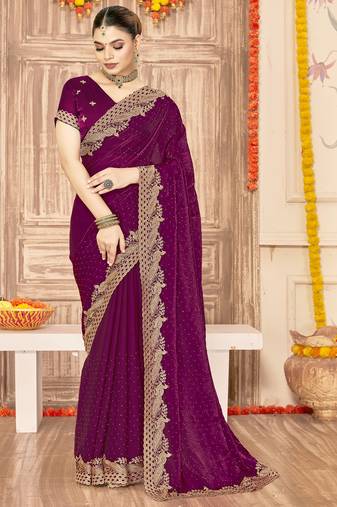 Wine sequin zari embroidered siroski stone work two tone silk saree sari