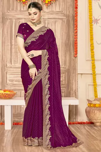 Wine sequin zari embroidered siroski stone work two tone silk saree sari