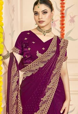 Wine sequin zari embroidered siroski stone work two tone silk saree sari 2