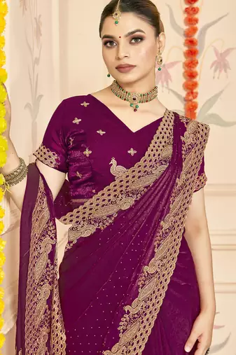 Wine sequin zari embroidered siroski stone work two tone silk saree sari