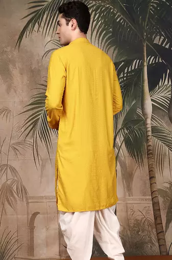 Mustard cotton chikankari kurta pajama for mens