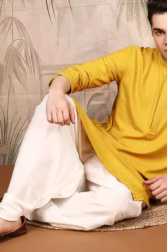 Mustard cotton chikankari kurta pajama for mens
