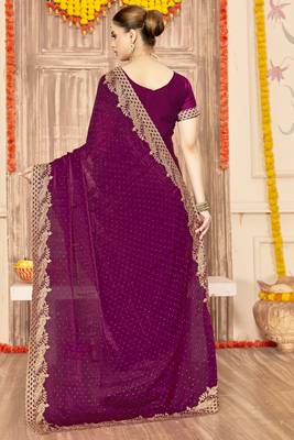 Wine sequin zari embroidered siroski stone work two tone silk saree sari 3