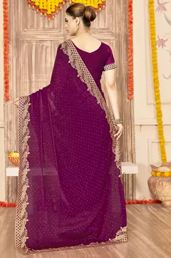 Wine sequin zari embroidered siroski stone work two tone silk saree sari