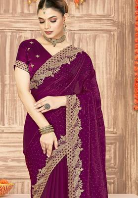 Wine sequin zari embroidered siroski stone work two tone silk saree sari 4