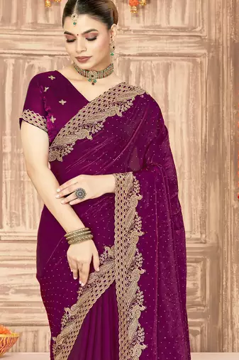 Wine sequin zari embroidered siroski stone work two tone silk saree sari