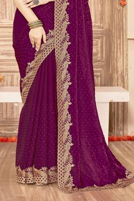 Wine sequin zari embroidered siroski stone work two tone silk saree sari 5