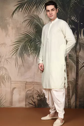 Off white cotton chikankari kurta pajama for mens
