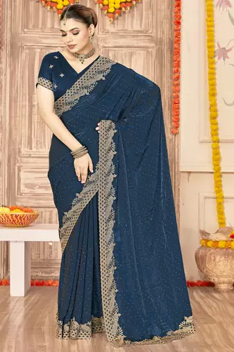 Teal blue sequin zari embroidered siroski stone work two tone silk saree sari