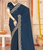 Teal blue sequin zari embroidered siroski stone work two tone silk saree sari