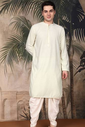 Off white cotton chikankari kurta pajama for mens