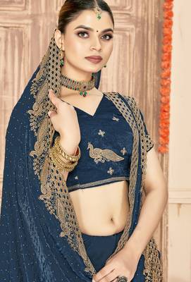 Teal blue sequin zari embroidered siroski stone work two tone silk saree sari 2