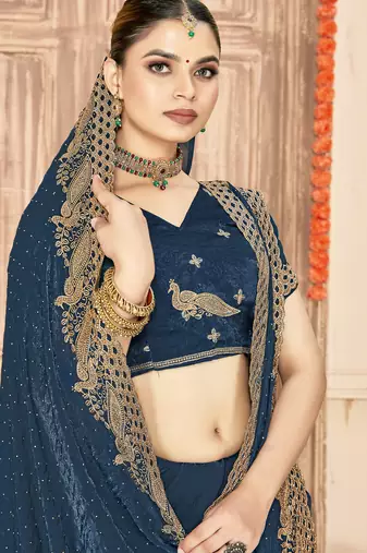 Teal blue sequin zari embroidered siroski stone work two tone silk saree sari