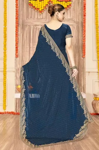 Teal blue sequin zari embroidered siroski stone work two tone silk saree sari