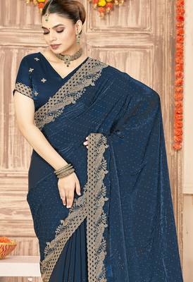 Teal blue sequin zari embroidered siroski stone work two tone silk saree sari 4