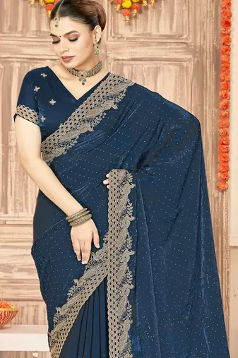 Teal blue sequin zari embroidered siroski stone work two tone silk saree sari