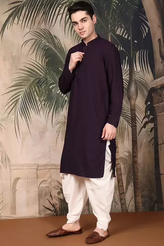 Purple cotton chikankari kurta pajama for mens