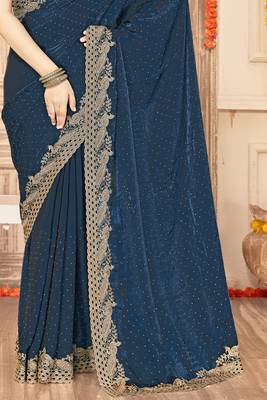 Teal blue sequin zari embroidered siroski stone work two tone silk saree sari 5