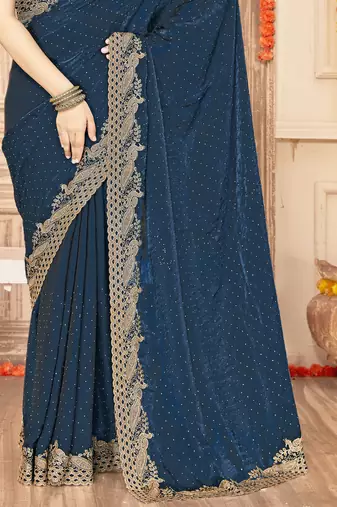 Teal blue sequin zari embroidered siroski stone work two tone silk saree sari