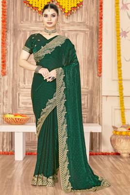 Green sequin zari embroidered siroski stone work two tone silk saree sari 1