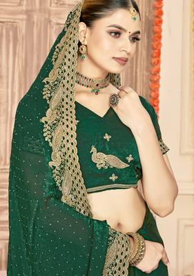 Green sequin zari embroidered siroski stone work two tone silk saree sari 2