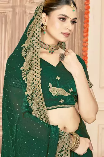 Green sequin zari embroidered siroski stone work two tone silk saree sari