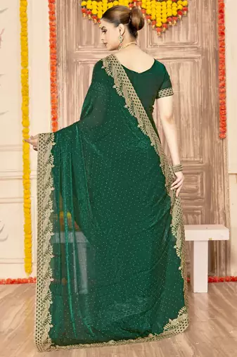 Green sequin zari embroidered siroski stone work two tone silk saree sari