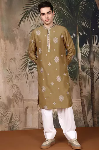 Olive green silk blend emblisment kurta pajama for mens
