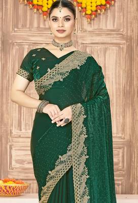 Green sequin zari embroidered siroski stone work two tone silk saree sari 4