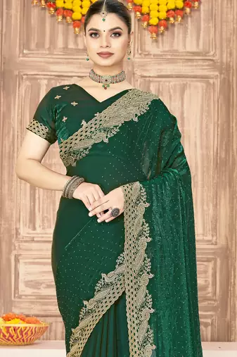 Green sequin zari embroidered siroski stone work two tone silk saree sari