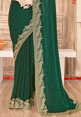 Green sequin zari embroidered siroski stone work two tone silk saree sari 5