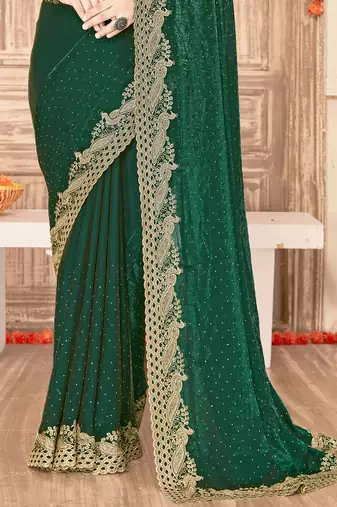 Green sequin zari embroidered siroski stone work two tone silk saree sari