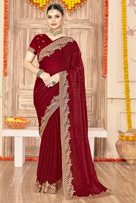 Maroon sequin zari embroidered siroski stone work two tone silk saree sari 1