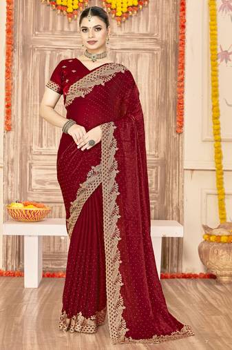 Maroon sequin zari embroidered siroski stone work two tone silk saree sari
