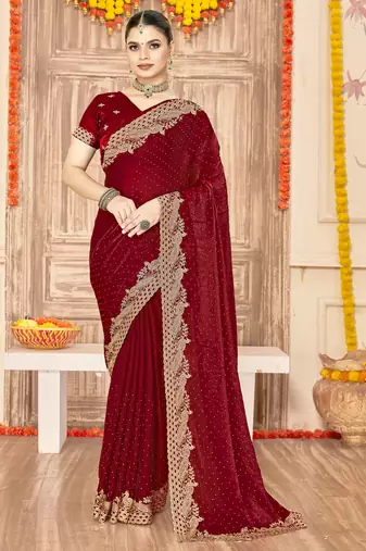 Maroon sequin zari embroidered siroski stone work two tone silk saree sari