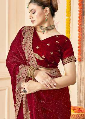 Maroon sequin zari embroidered siroski stone work two tone silk saree sari 2