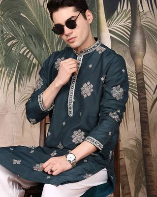 Denim blue silk blend emblisment kurta pajama for mens 1
