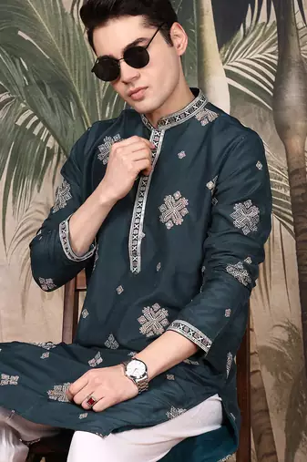 Denim blue silk blend emblisment kurta pajama for mens