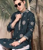 Denim blue silk blend emblisment kurta pajama for mens