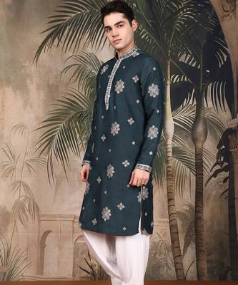 Denim blue silk blend emblisment kurta pajama for mens 2