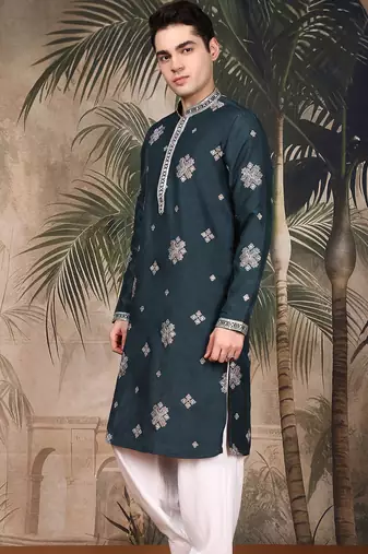 Denim blue silk blend emblisment kurta pajama for mens